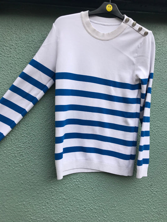 Blue and White Striped Jumper with Button Detail