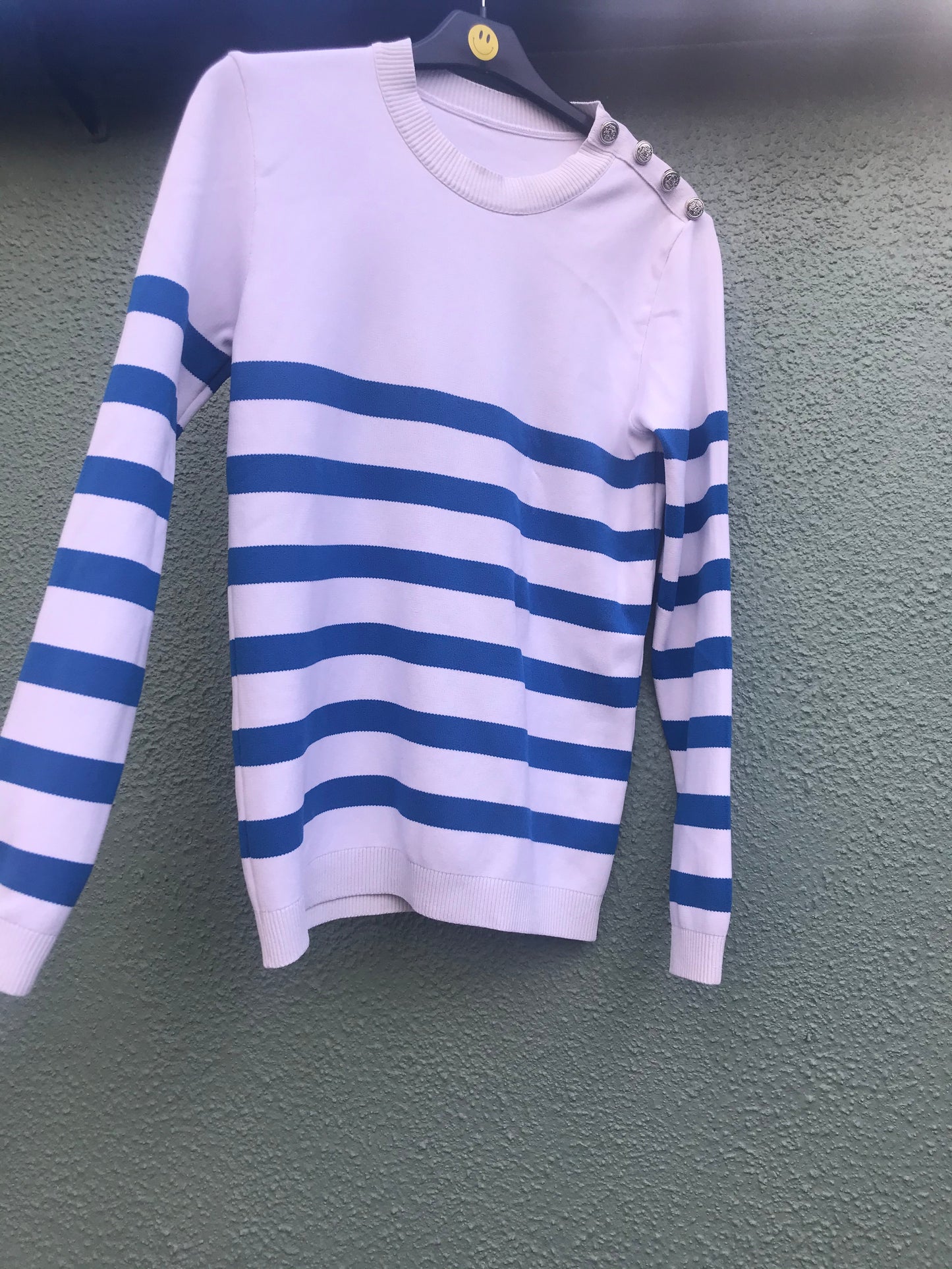 Blue and White Striped Jumper with Button Detail